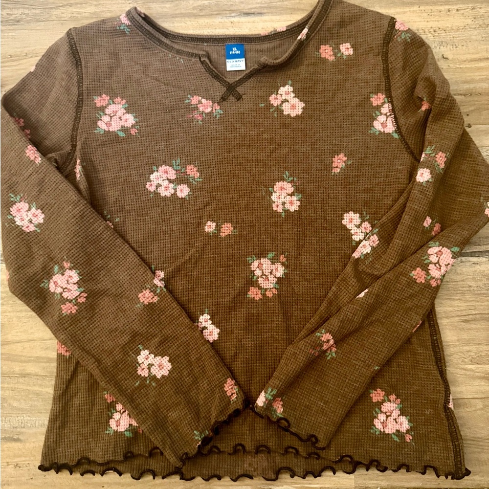 OLD NAVY KIDS SIZE XL LONG SLEEVE THERMAL WITH BROWN FLORAL PRINT